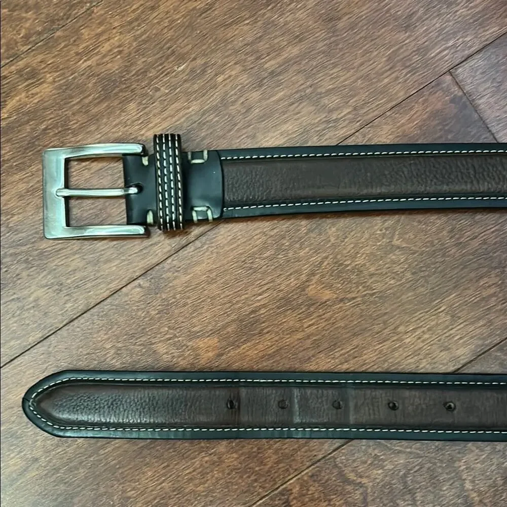 Cole Haan Men’s Two Tone Leather Belt  With Contrast Stitching, Silver Hardware